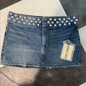 GRLFRND Denim Mini Skirt with Studded Pearl Waist